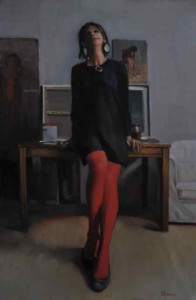 Jennifer (red tights day). Olieverf op doek / Oil on canvas. 60 x 40 cm.